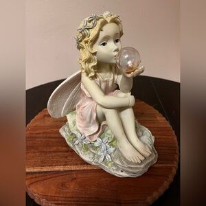 Whimsical Fairy Girl Figurine Holding Glass Orb | Cottagecore Decor
